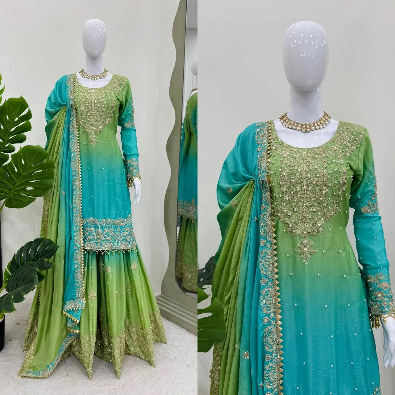 Chinon Silk Cording and Sequin Embroidered Sharara Suit