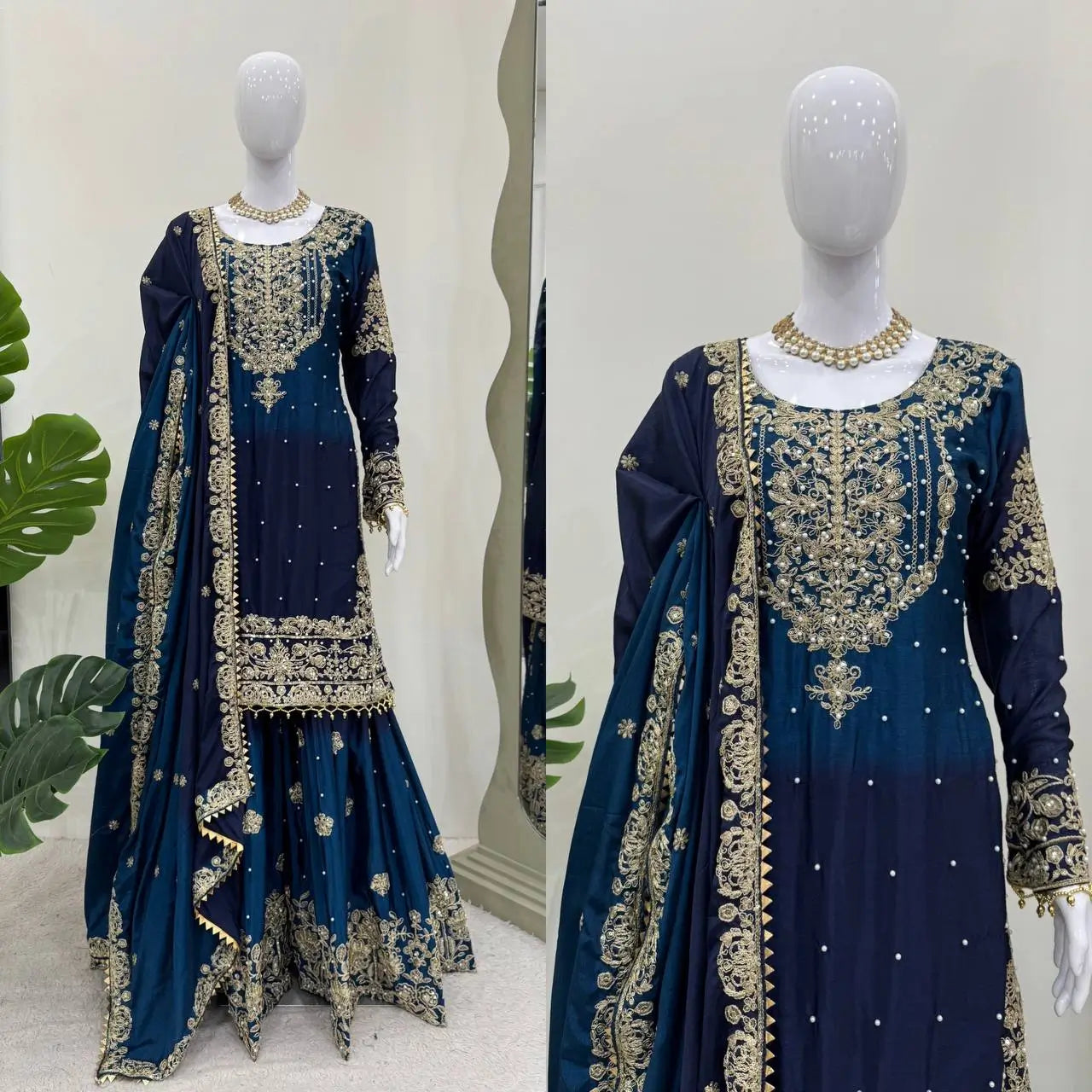Chinon Silk Cording and Sequin Embroidered Sharara Suit