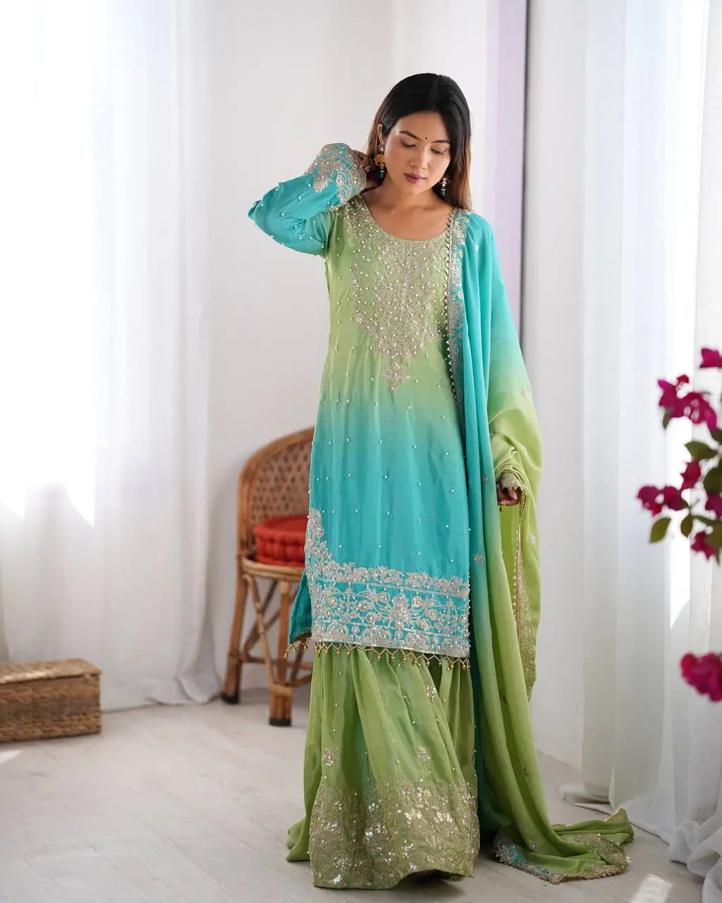 Chinon Silk Cording and Sequin Embroidered Sharara Suit