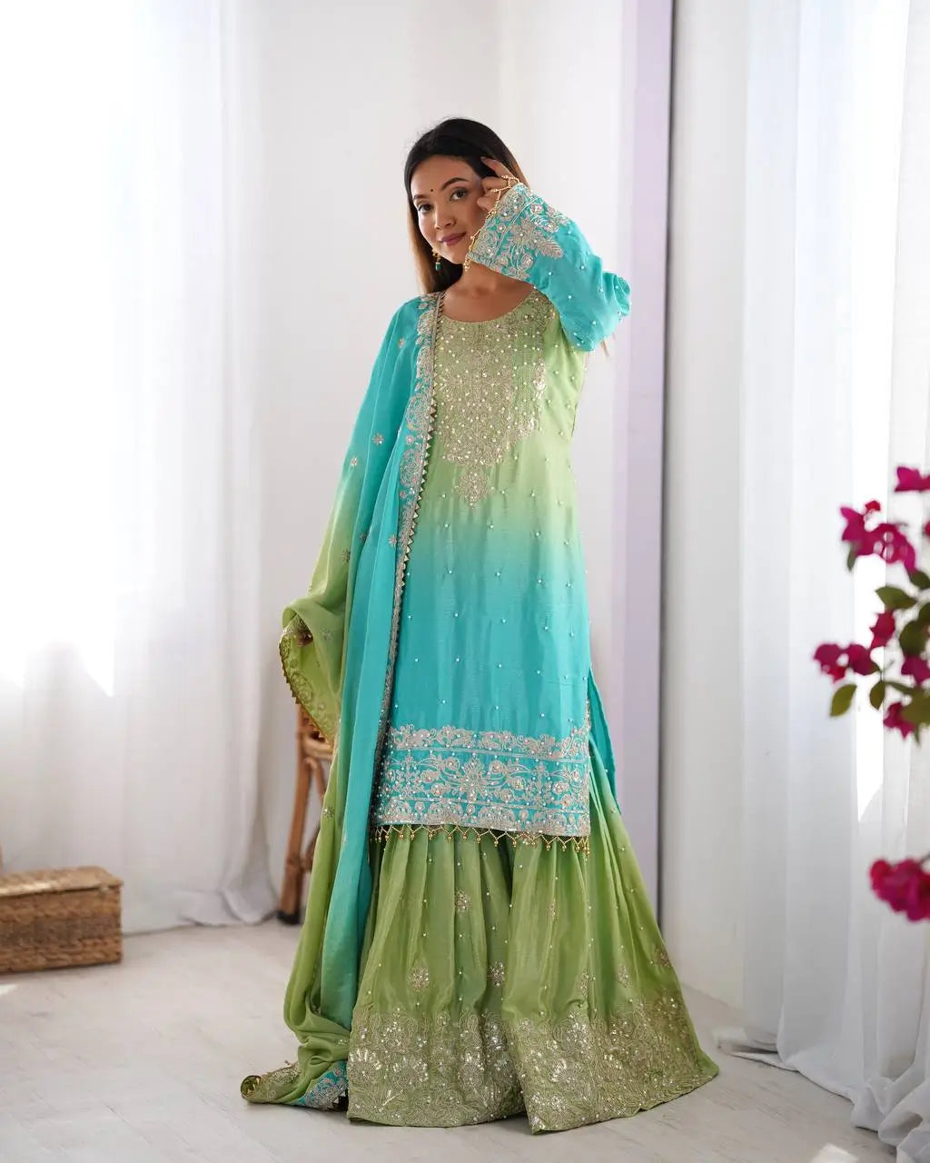 Chinon Silk Cording and Sequin Embroidered Sharara Suit