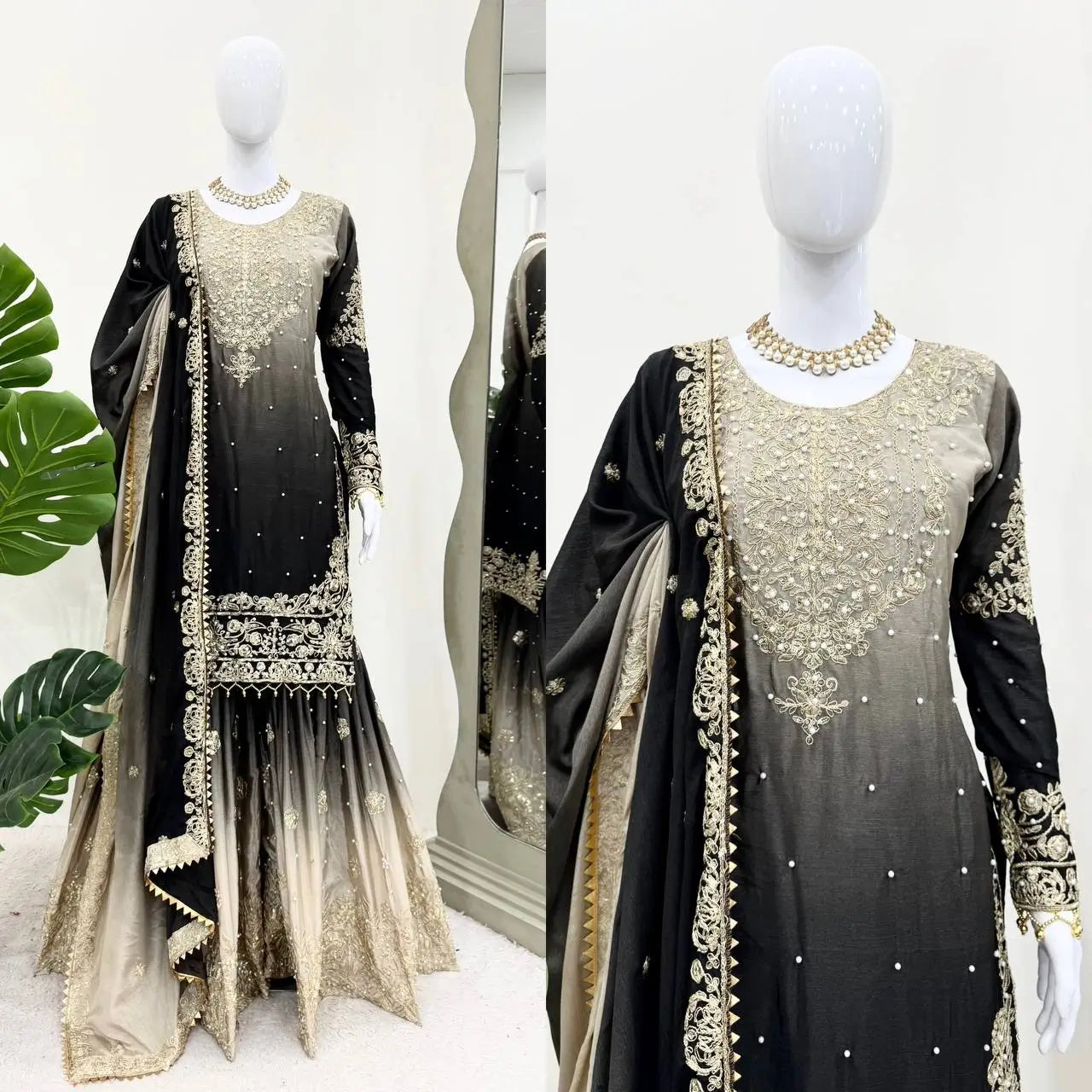 Chinon Silk Cording and Sequin Embroidered Sharara Suit