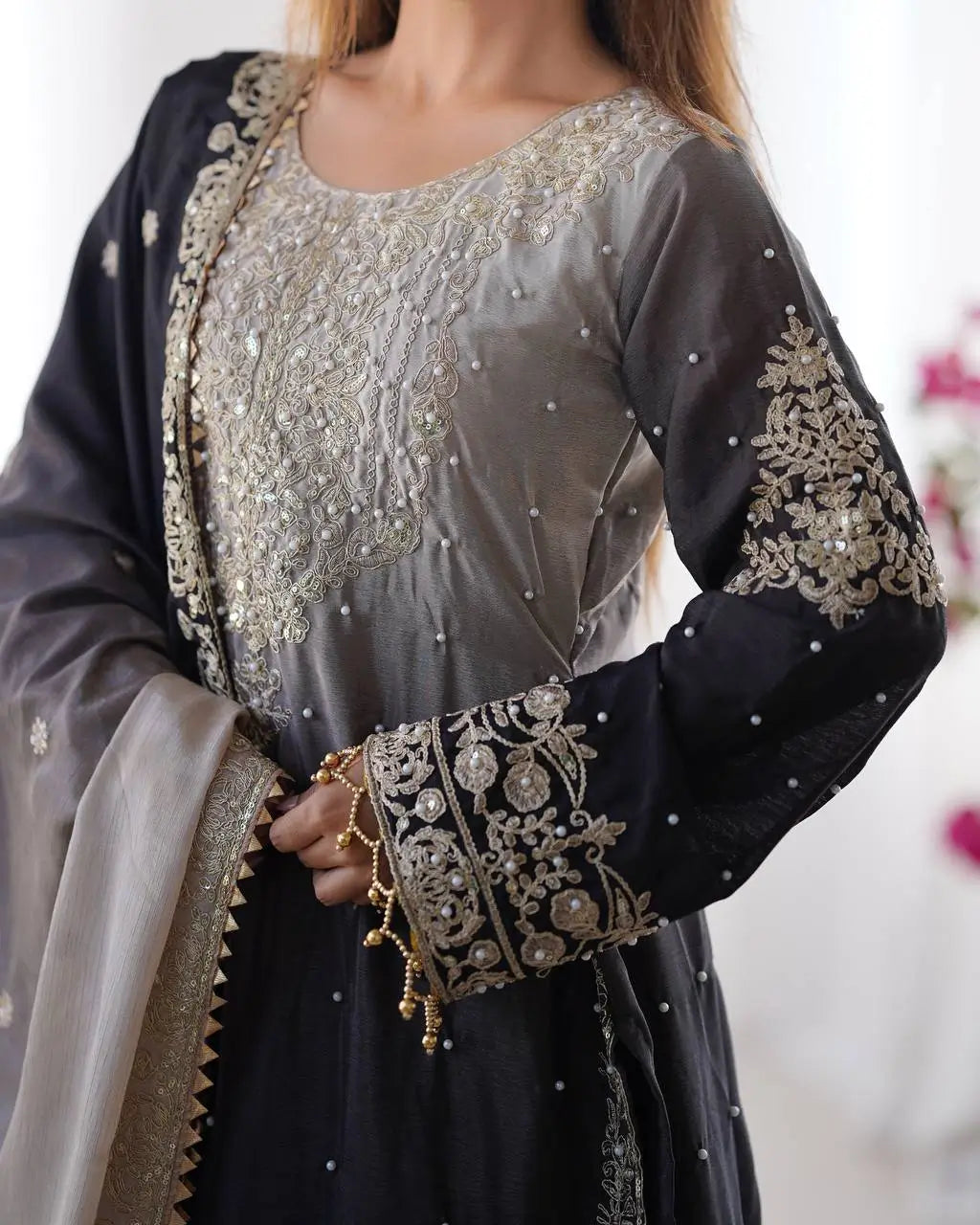 Chinon Silk Cording and Sequin Embroidered Sharara Suit