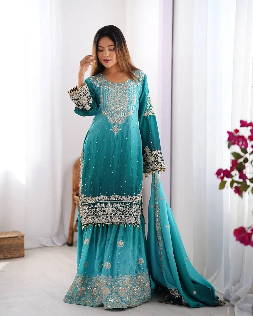 Chinon Silk Cording and Sequin Embroidered Sharara Suit