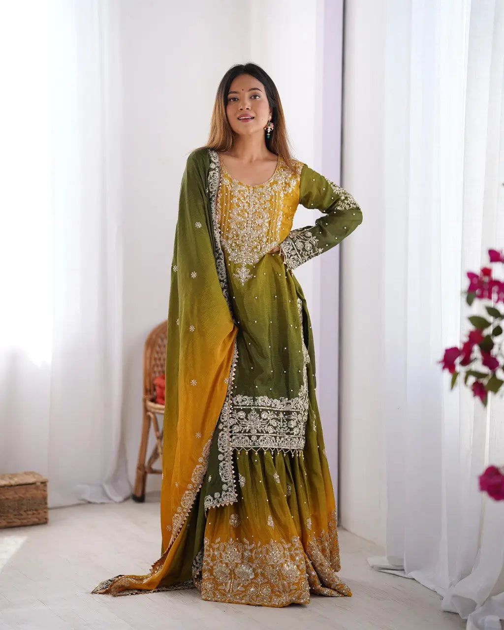 Chinon Silk Cording and Sequin Embroidered Sharara Suit