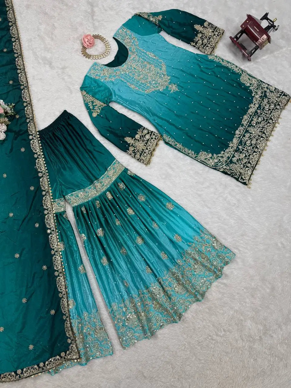 Chinon Silk Cording and Sequin Embroidered Sharara Suit