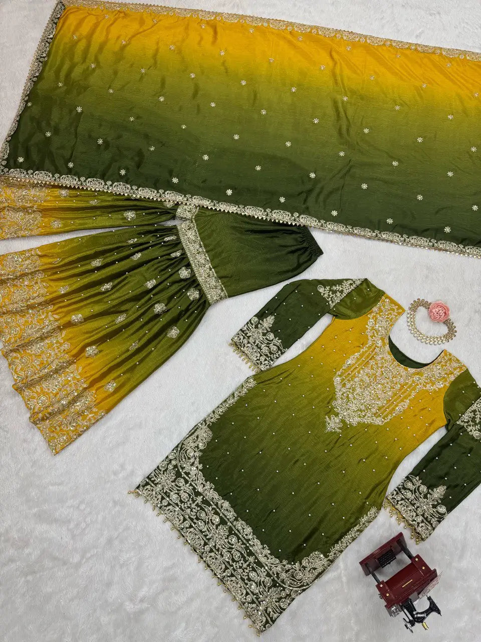 Chinon Silk Cording and Sequin Embroidered Sharara Suit