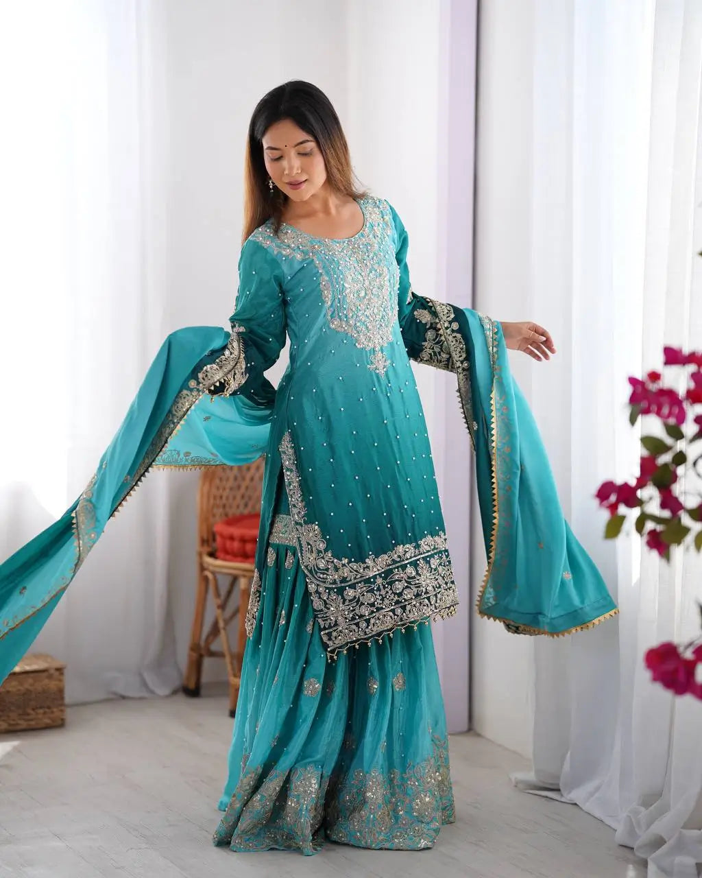Chinon Silk Cording and Sequin Embroidered Sharara Suit