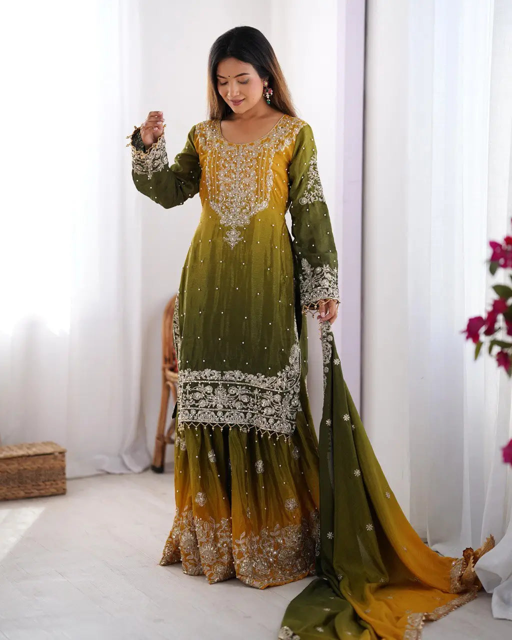 Chinon Silk Cording and Sequin Embroidered Sharara Suit