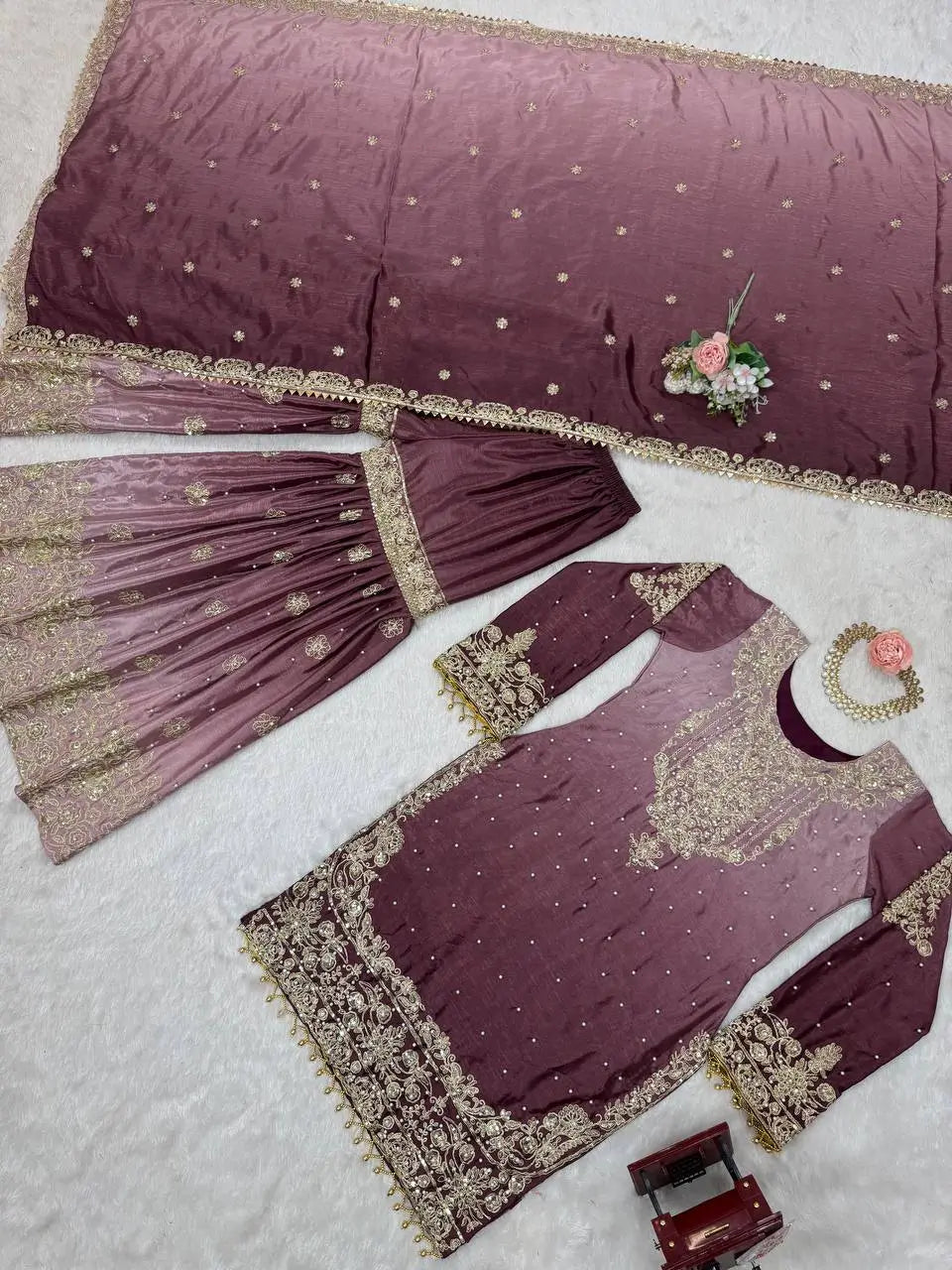 Chinon Silk Cording and Sequin Embroidered Sharara Suit