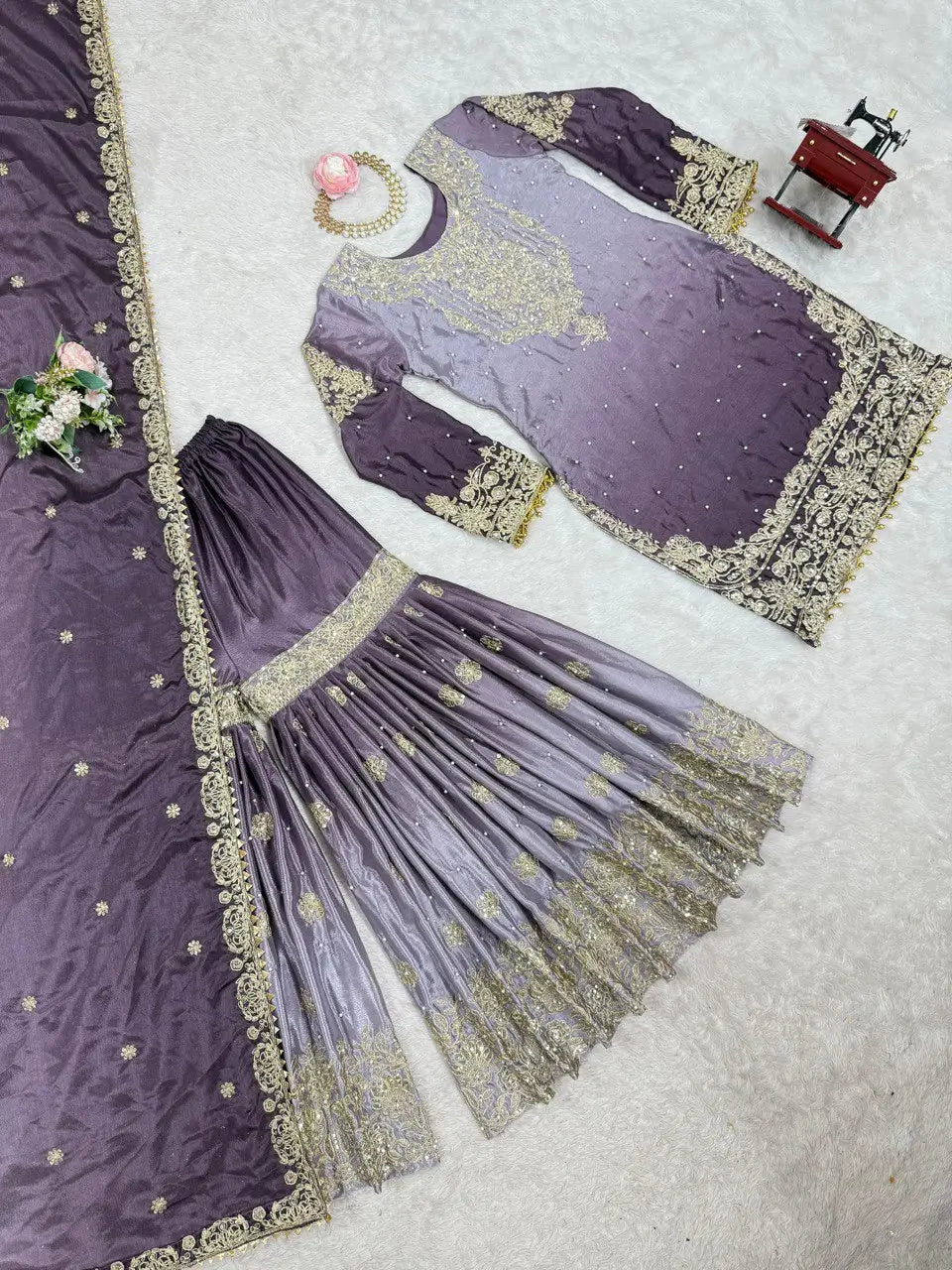 Chinon Silk Cording and Sequin Embroidered Sharara Suit