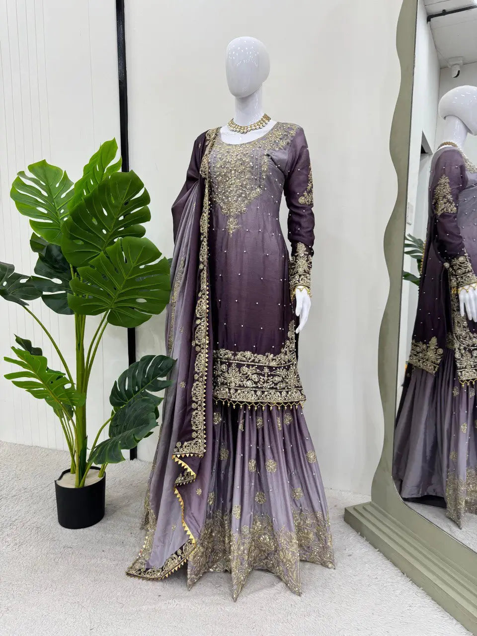 Chinon Silk Cording and Sequin Embroidered Sharara Suit