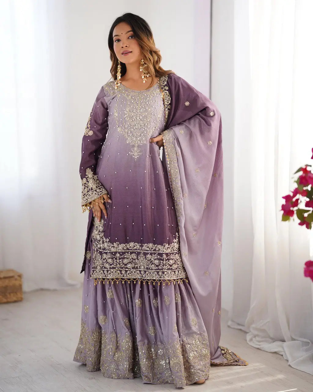 Chinon Silk Cording and Sequin Embroidered Sharara Suit