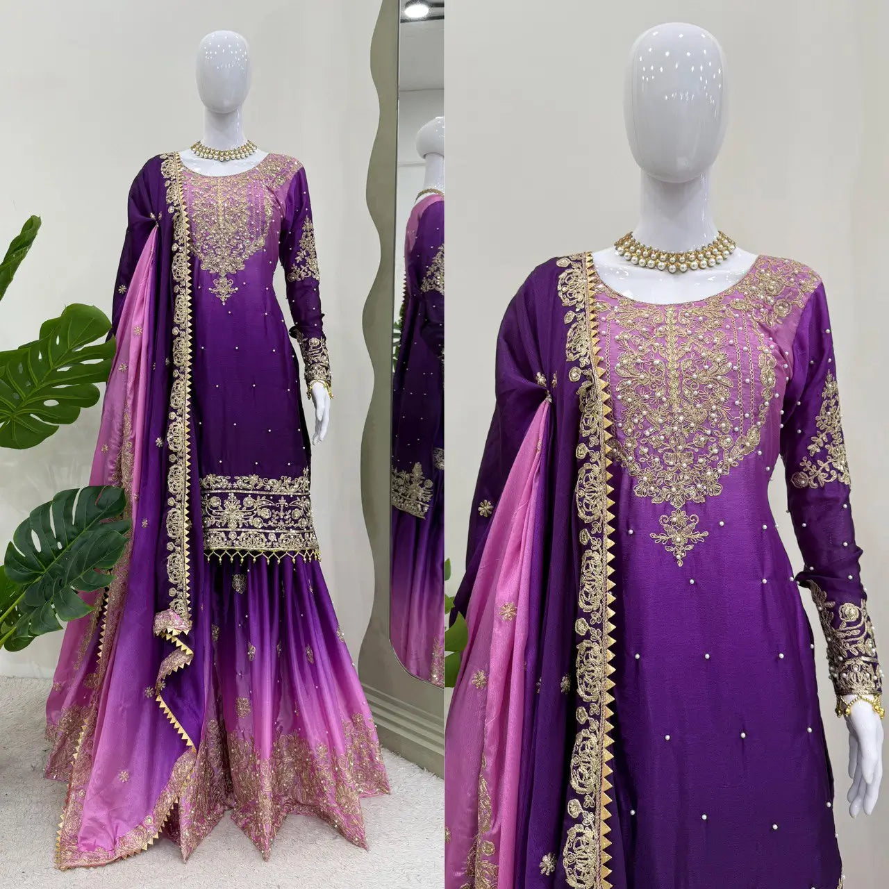 Chinon Silk Cording and Sequin Embroidered Sharara Suit