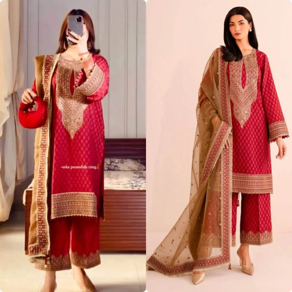 Chinon Silk Digital Print Embroidered Suit Set with Organza Dupatta – Festive & Party Wear