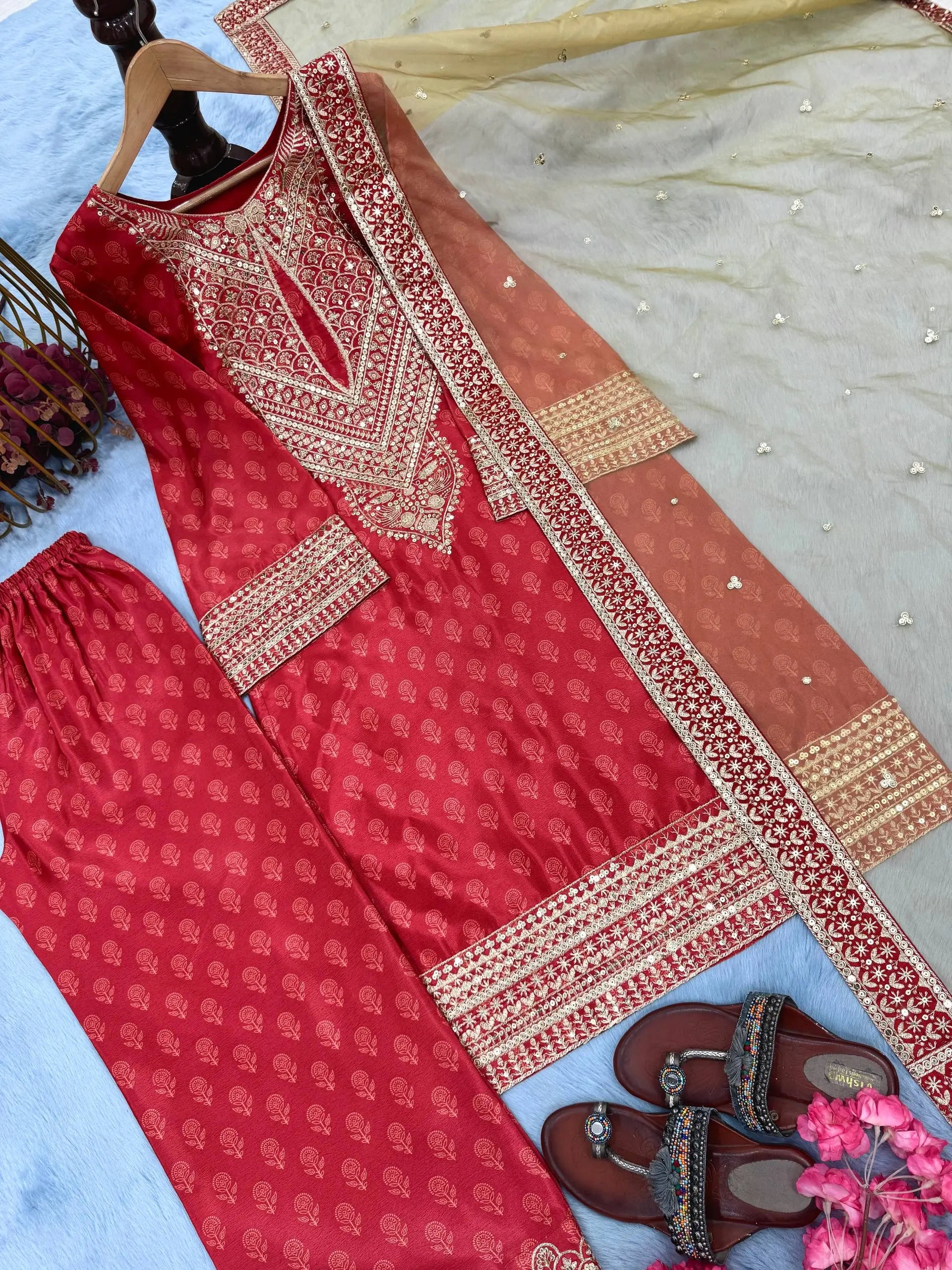 Chinon Silk Digital Print Embroidered Suit Set with Organza Dupatta – Festive & Party Wear