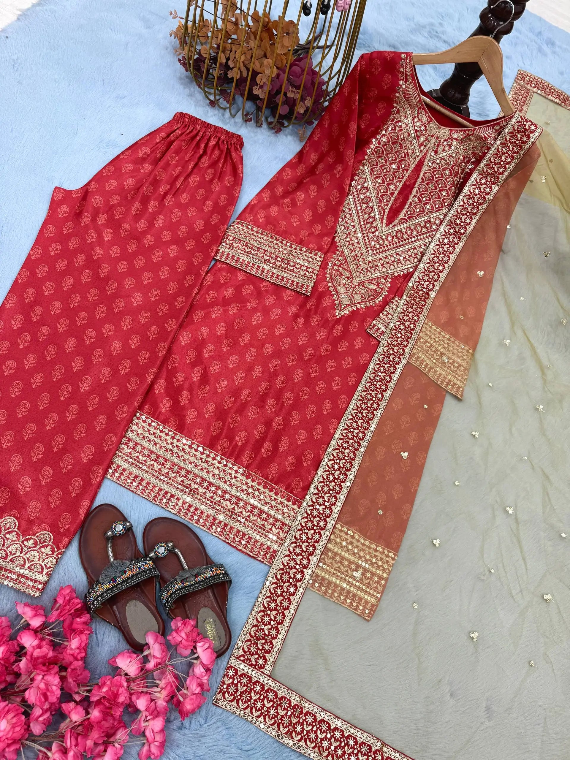 Chinon Silk Digital Print Embroidered Suit Set with Organza Dupatta – Festive & Party Wear