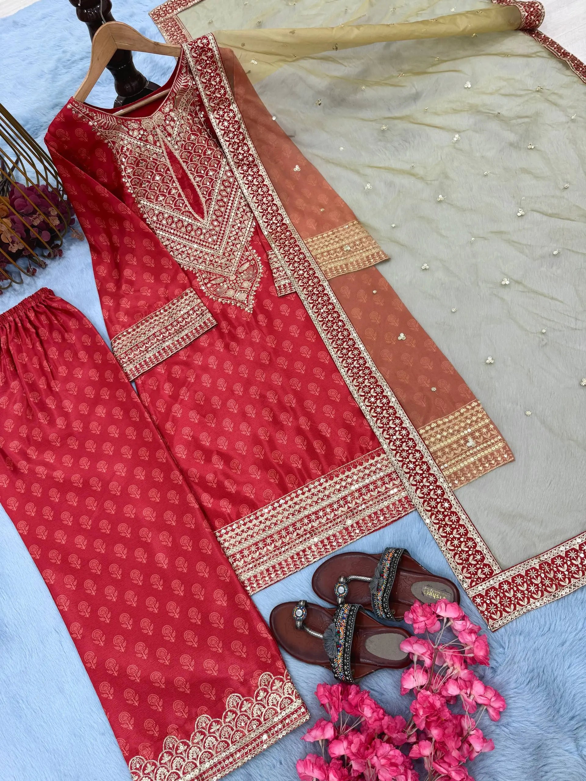 Chinon Silk Digital Print Embroidered Suit Set with Organza Dupatta – Festive & Party Wear