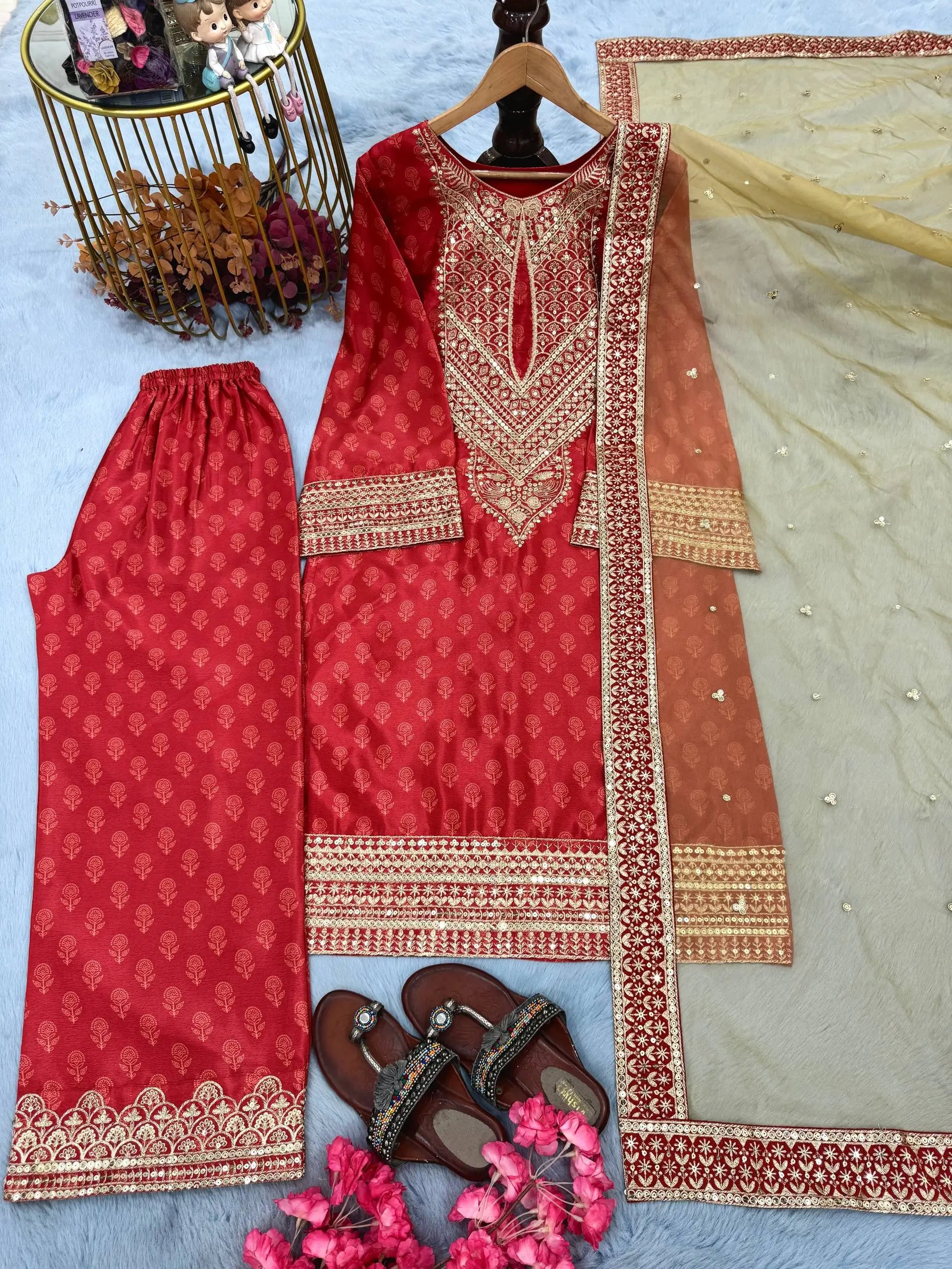 Chinon Silk Digital Print Embroidered Suit Set with Organza Dupatta – Festive & Party Wear
