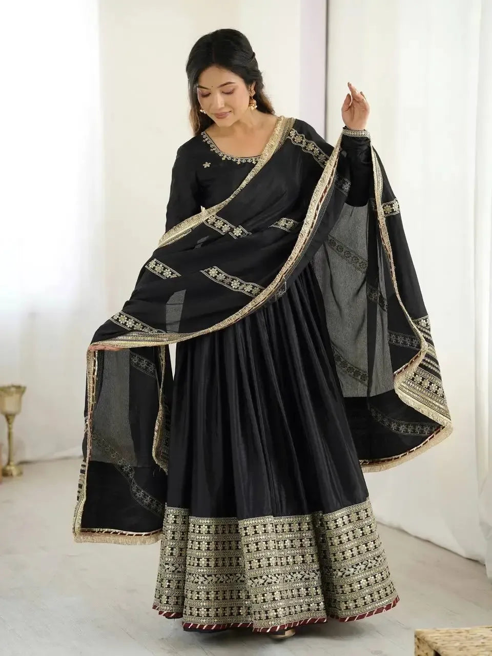 Chinon Silk Embroidered Anarkali Gown Set with Dupatta