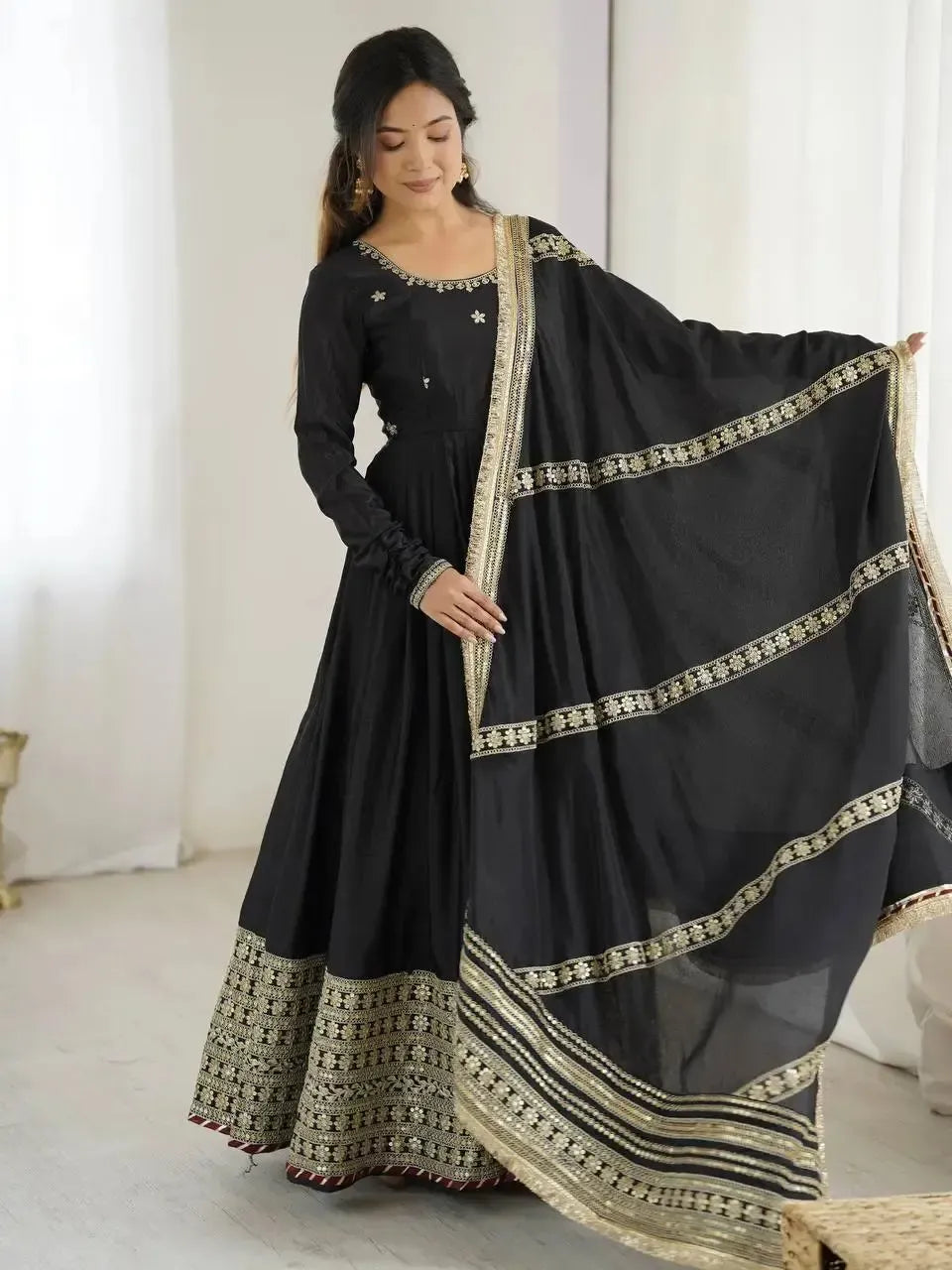 Chinon Silk Embroidered Anarkali Gown Set with Dupatta