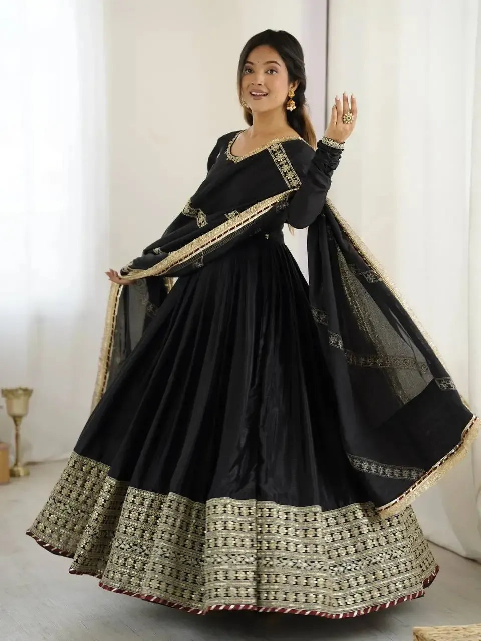 Chinon Silk Embroidered Anarkali Gown Set with Dupatta