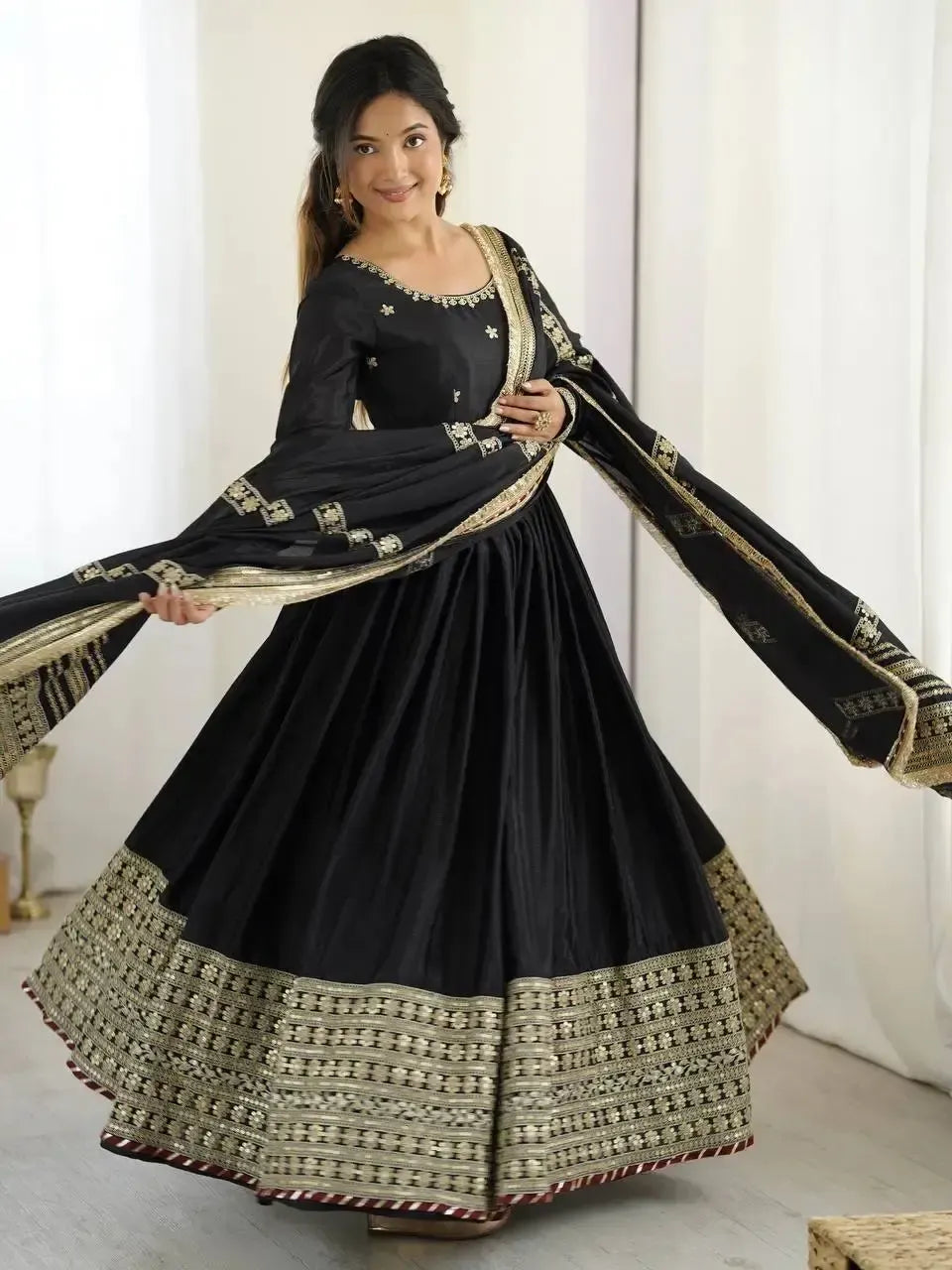 Chinon Silk Embroidered Anarkali Gown Set with Dupatta