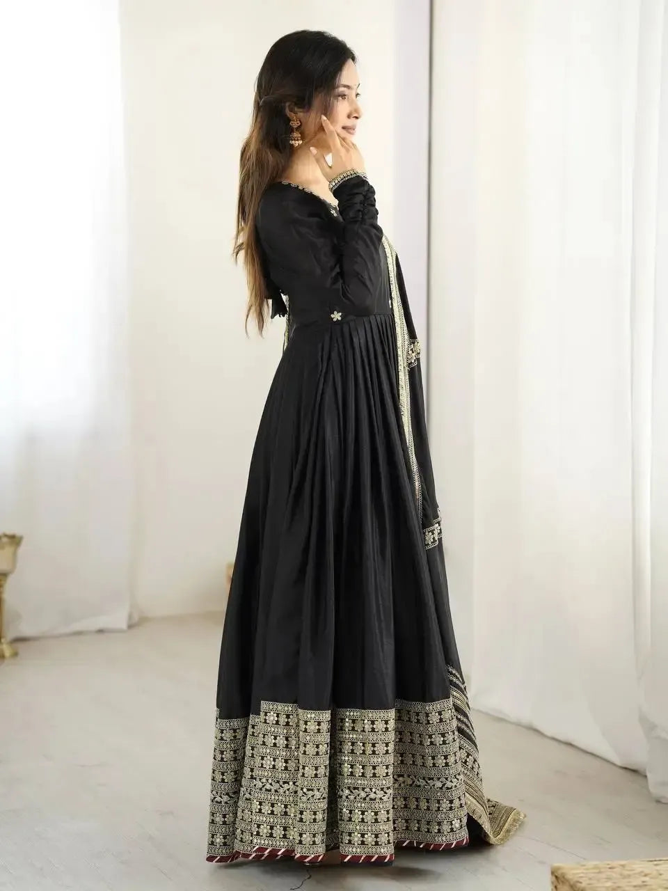 Chinon Silk Embroidered Anarkali Gown Set with Dupatta
