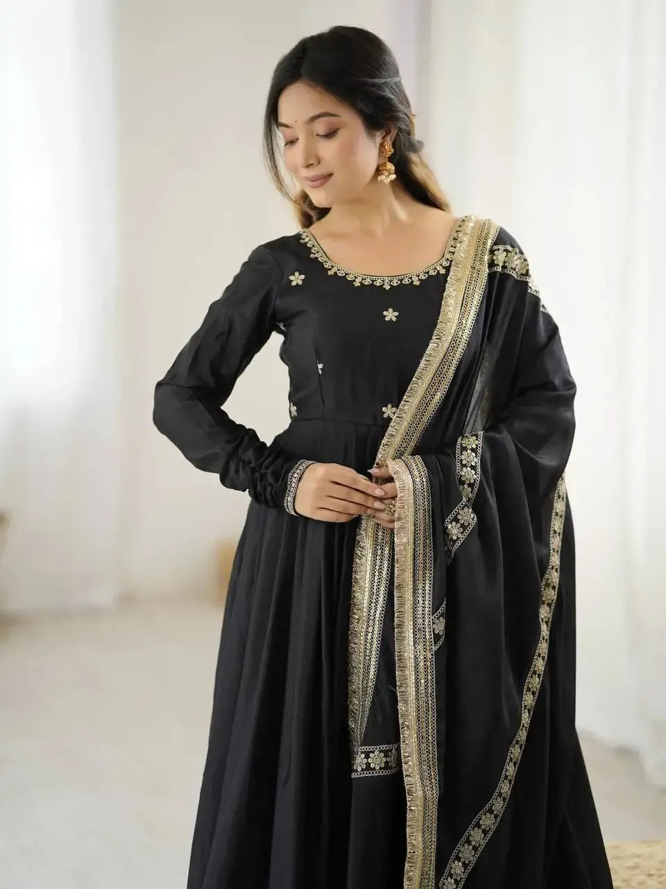 Chinon Silk Embroidered Anarkali Gown Set with Dupatta