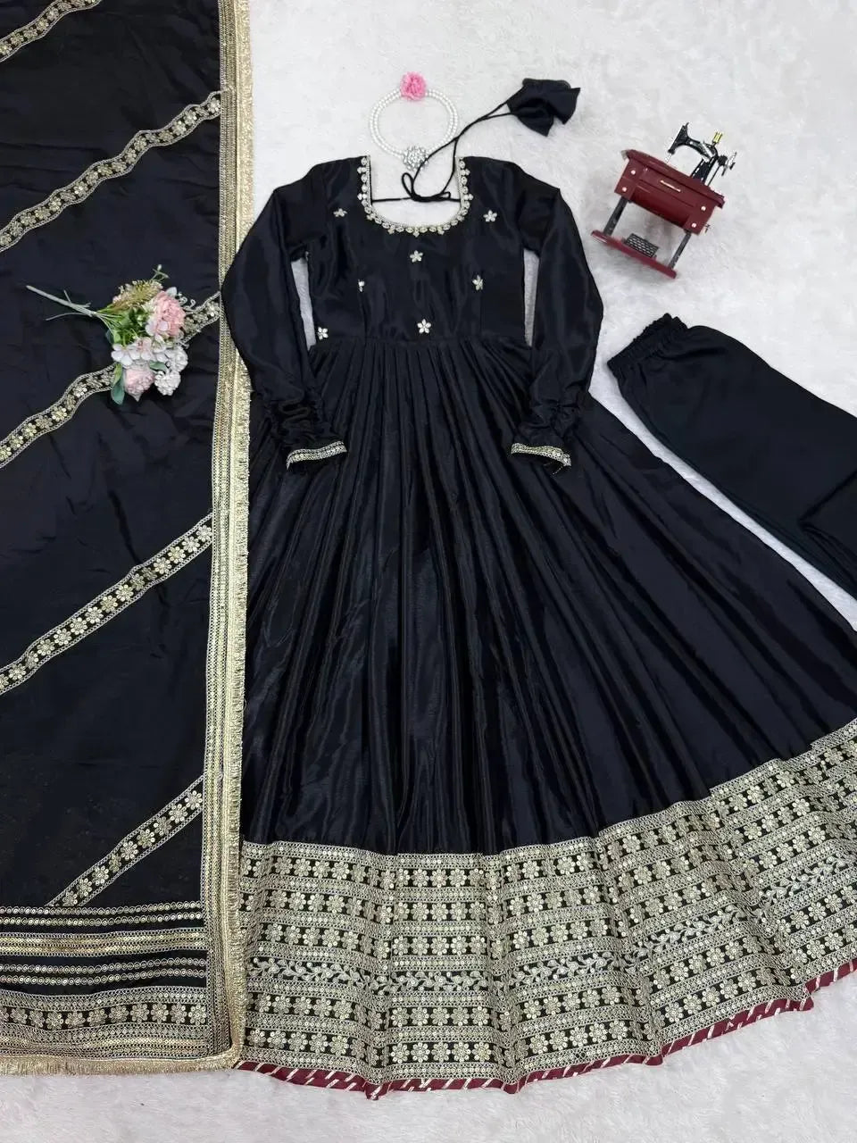 Chinon Silk Embroidered Anarkali Gown Set with Dupatta