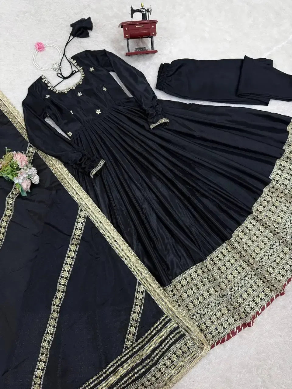 Chinon Silk Embroidered Anarkali Gown Set with Dupatta