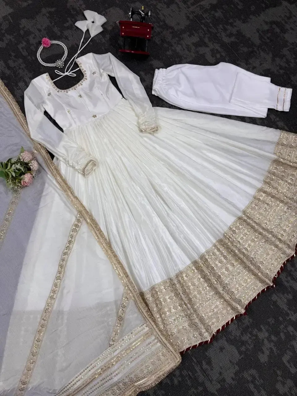 Chinon Silk Embroidered Anarkali Gown Set with Dupatta
