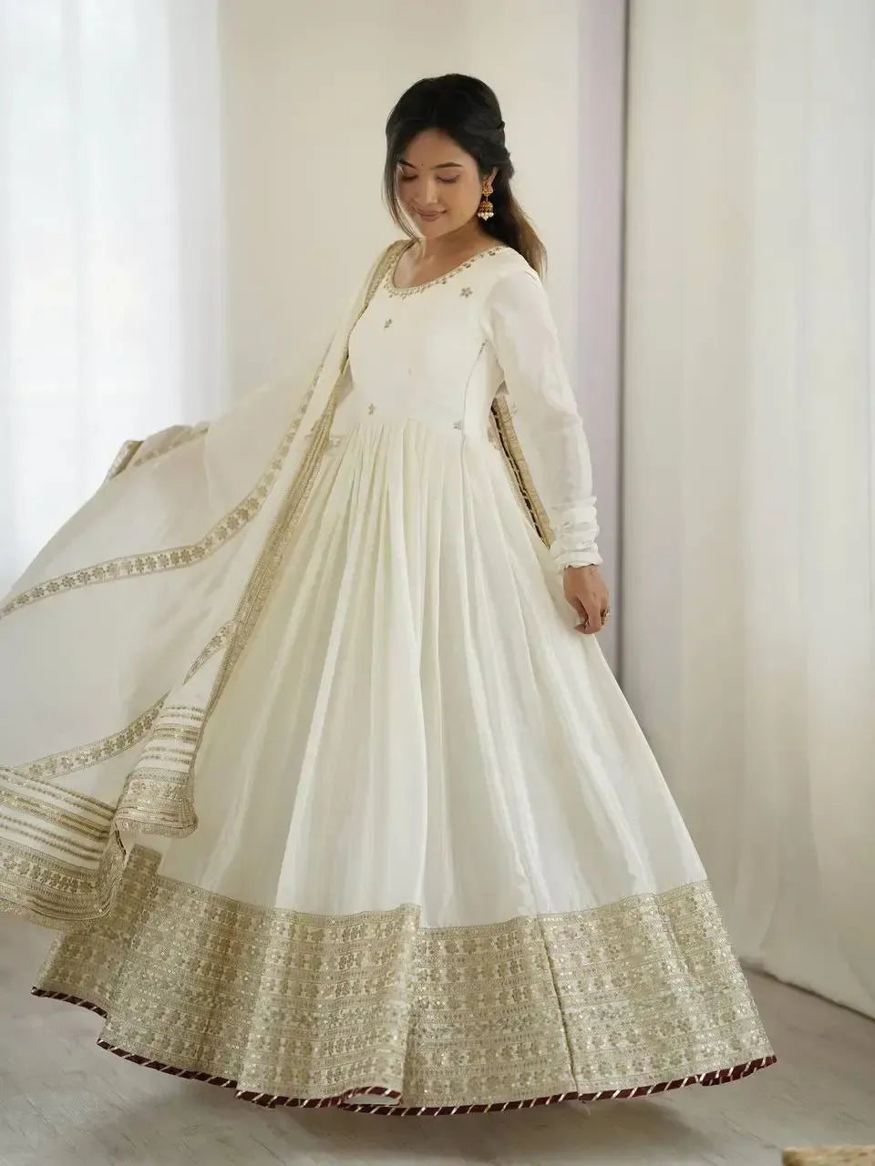 Chinon Silk Embroidered Anarkali Gown Set with Dupatta