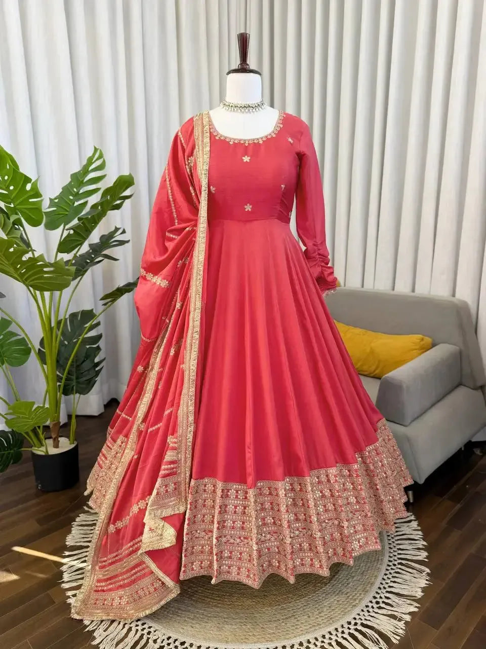 Chinon Silk Embroidered Anarkali Gown Set with Dupatta