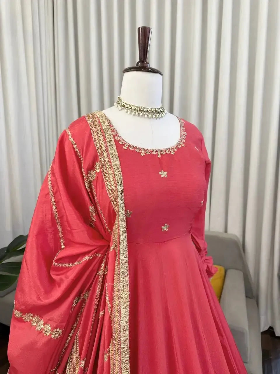 Chinon Silk Embroidered Anarkali Gown Set with Dupatta