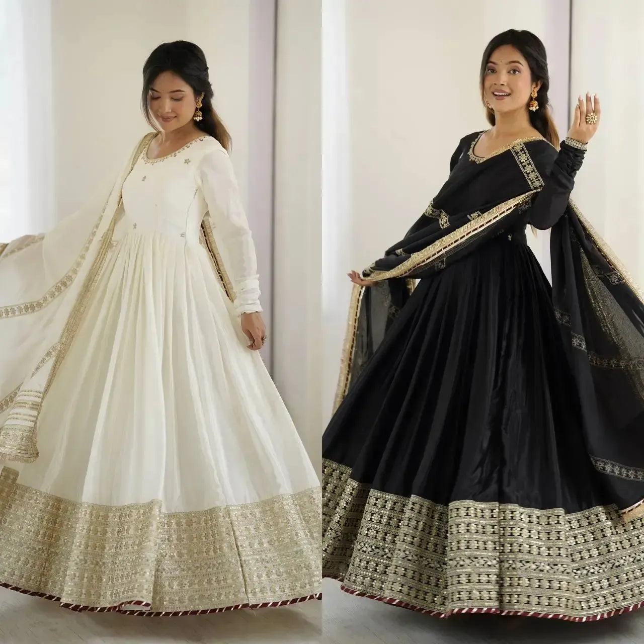 Chinon Silk Embroidered Anarkali Gown Set with Dupatta