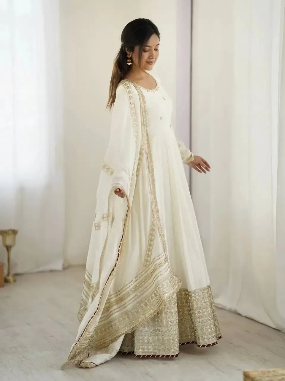 Chinon Silk Embroidered Anarkali Gown Set with Dupatta