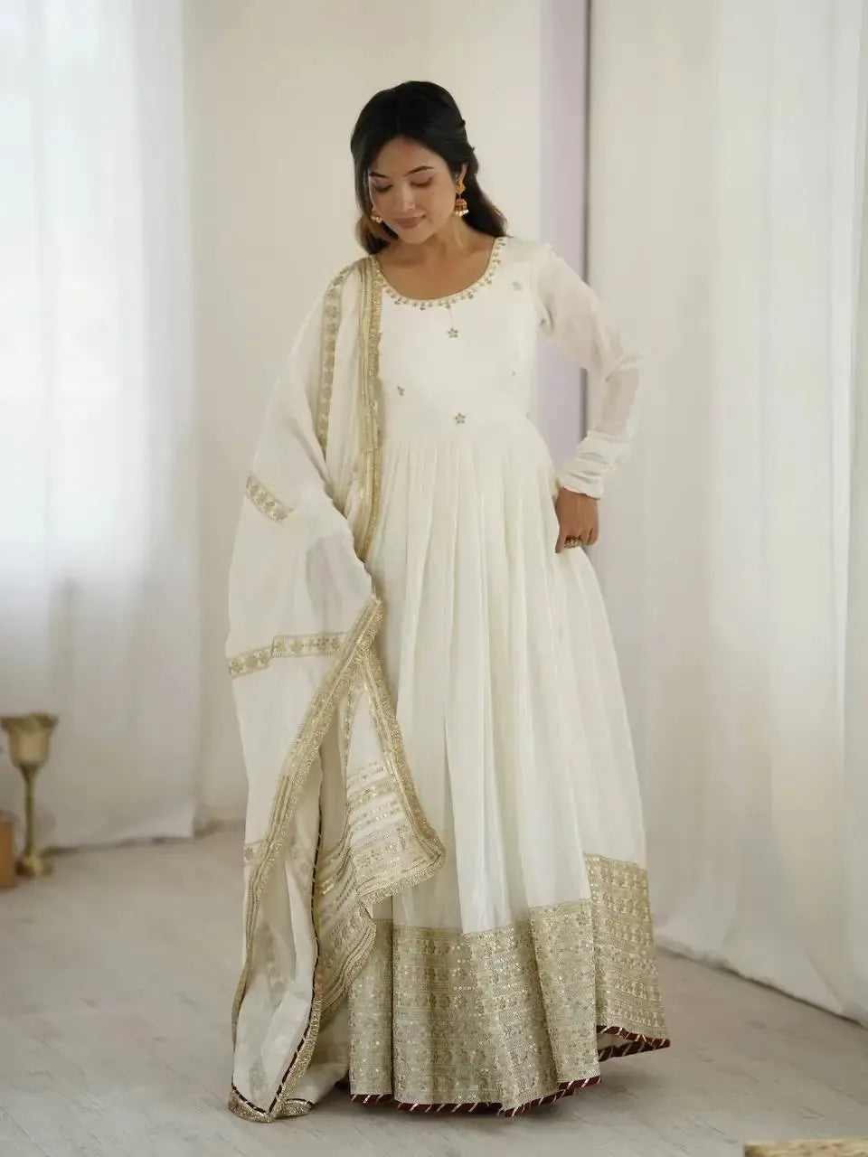 Chinon Silk Embroidered Anarkali Gown Set with Dupatta