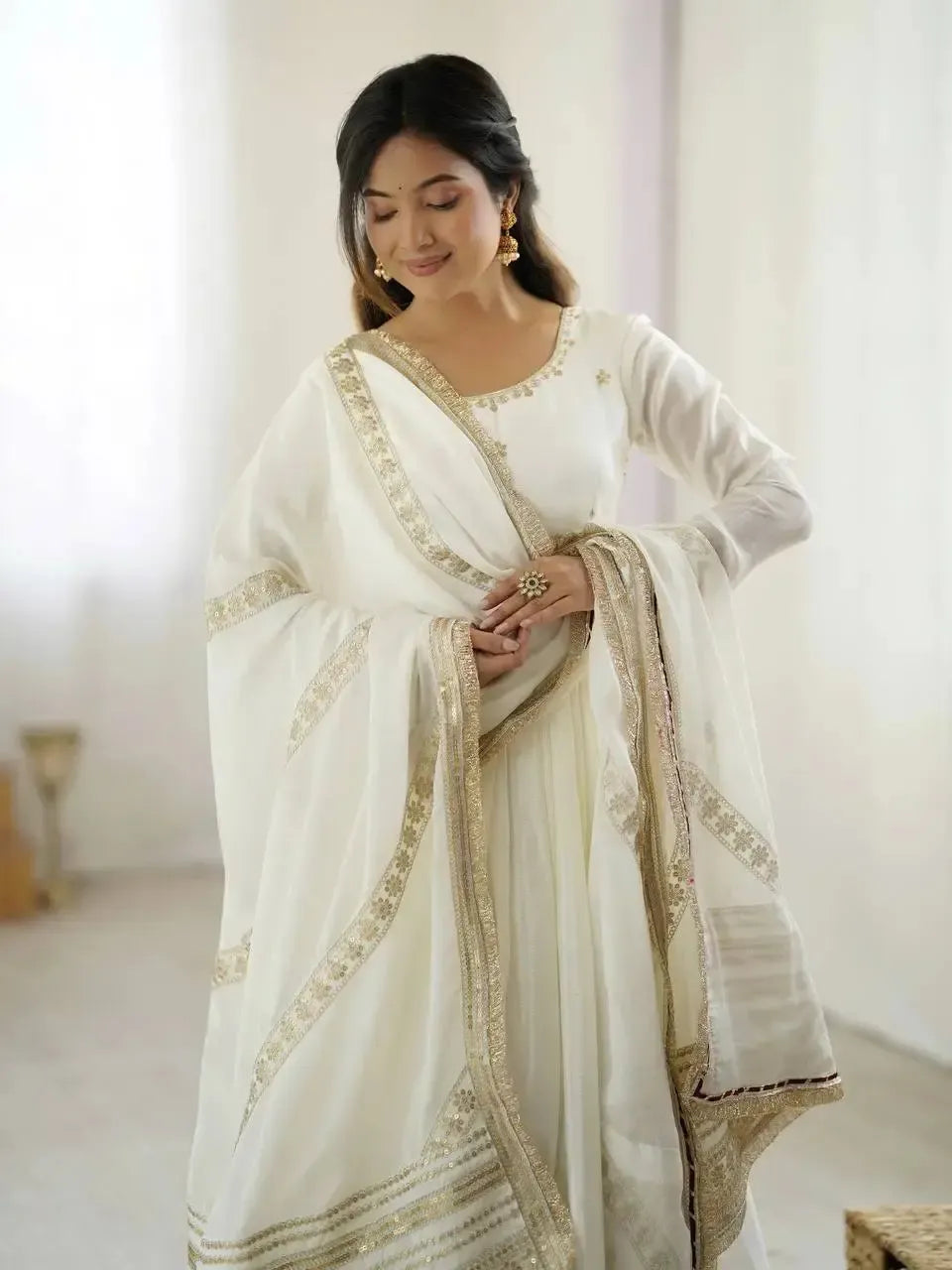 Chinon Silk Embroidered Anarkali Gown Set with Dupatta