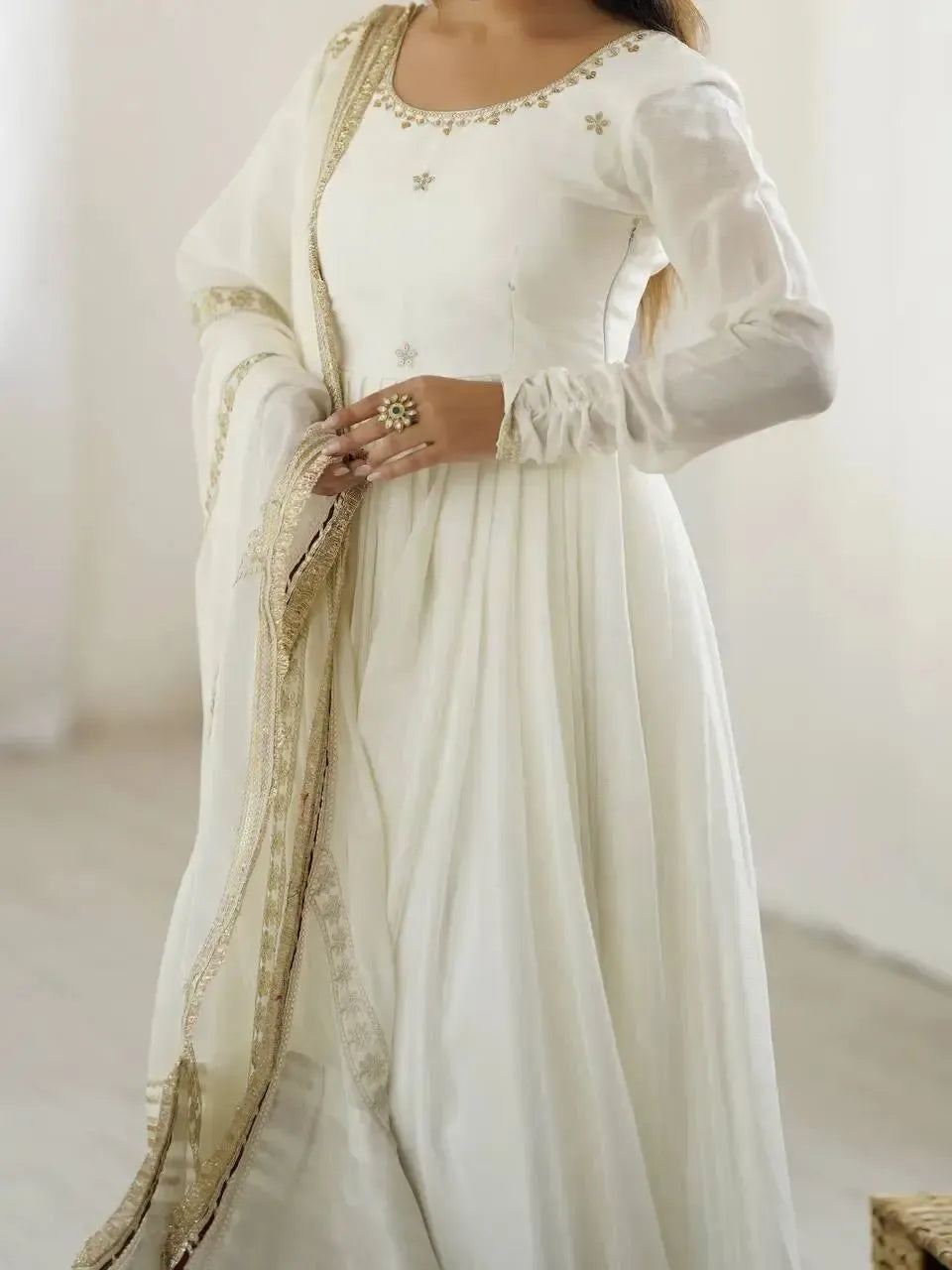 Chinon Silk Embroidered Anarkali Gown Set with Dupatta