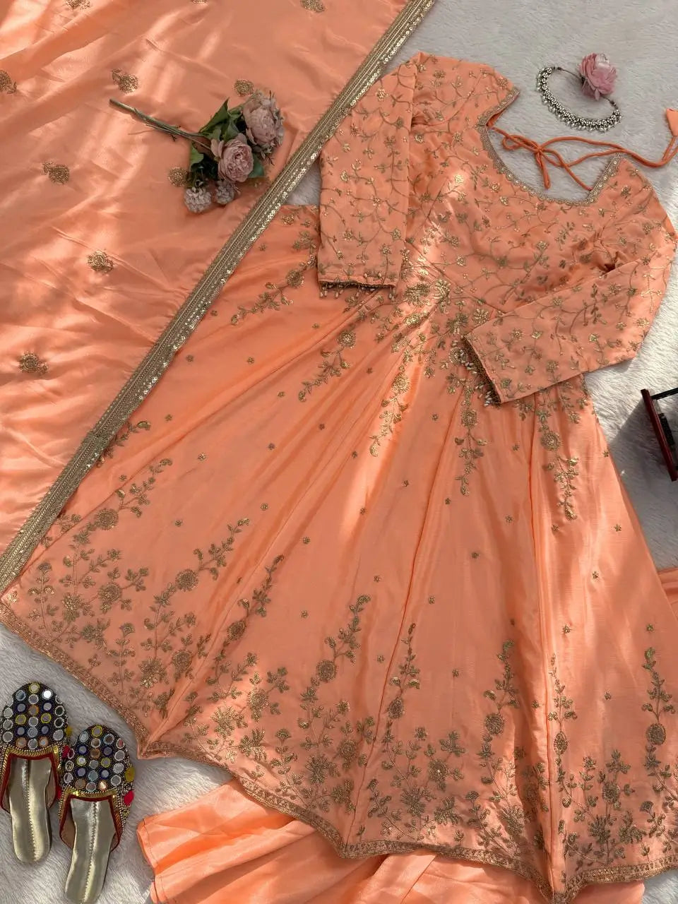 Chinon Silk Embroidered Gown Lehenga Set