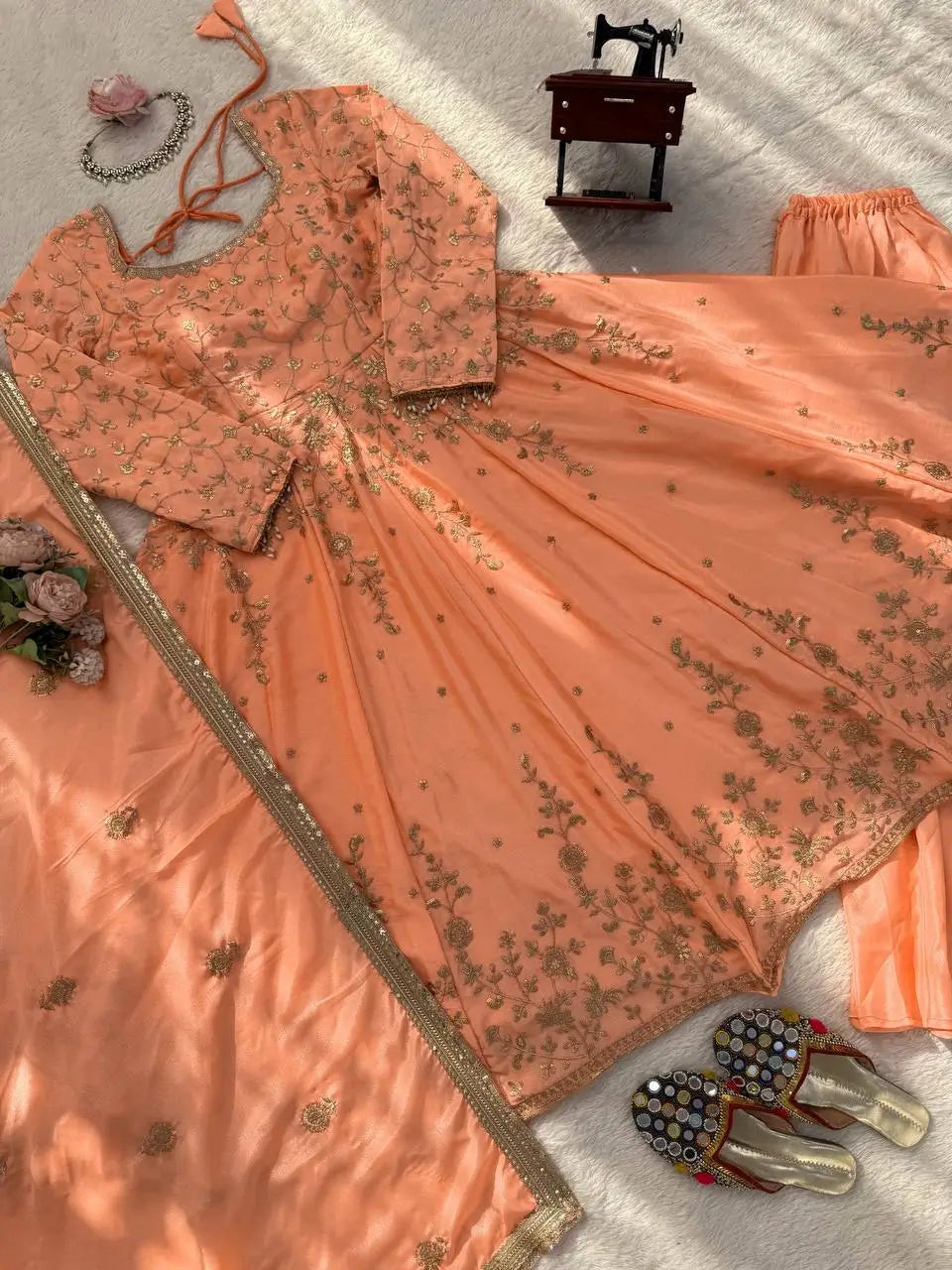 Chinon Silk Embroidered Gown Lehenga Set