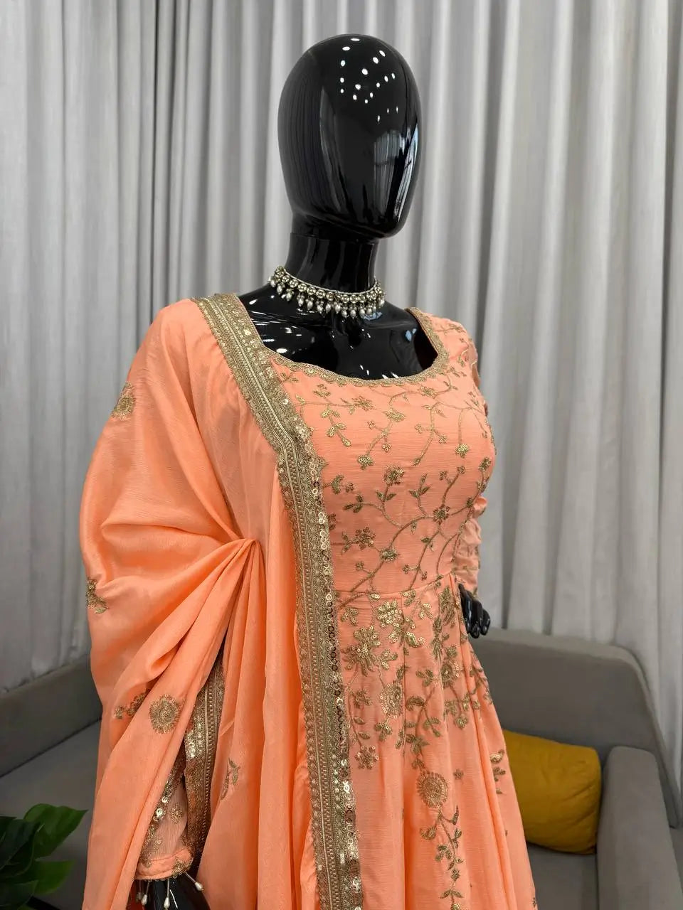 Chinon Silk Embroidered Gown Lehenga Set