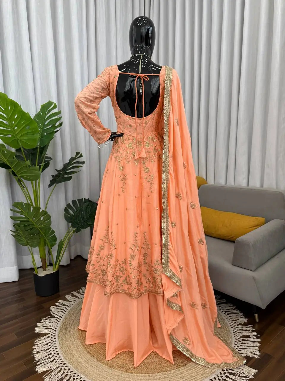 Chinon Silk Embroidered Gown Lehenga Set