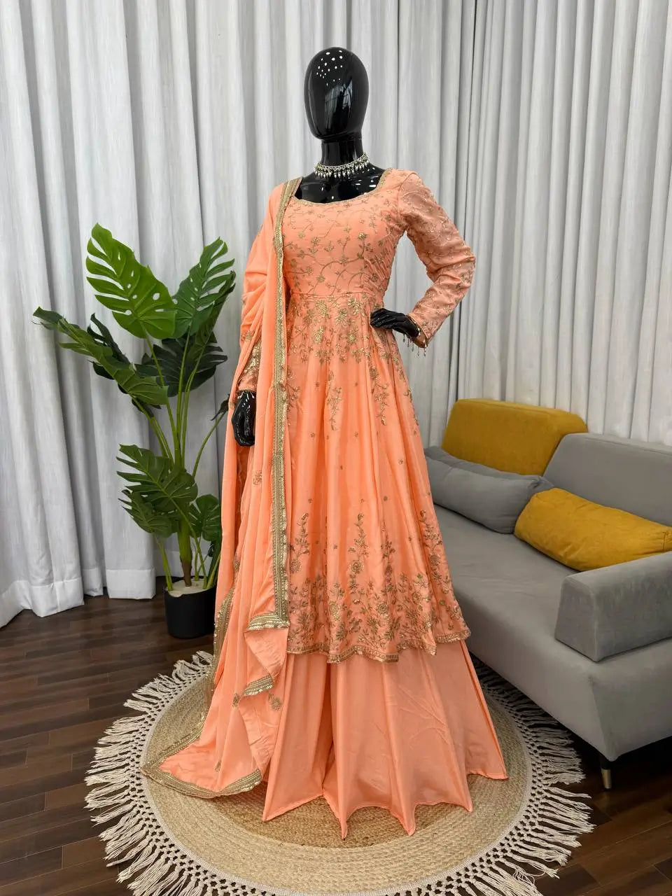 Chinon Silk Embroidered Gown Lehenga Set