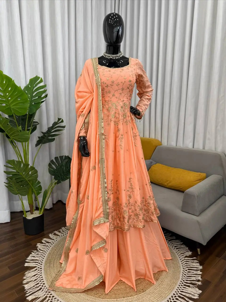 Chinon Silk Embroidered Gown Lehenga Set