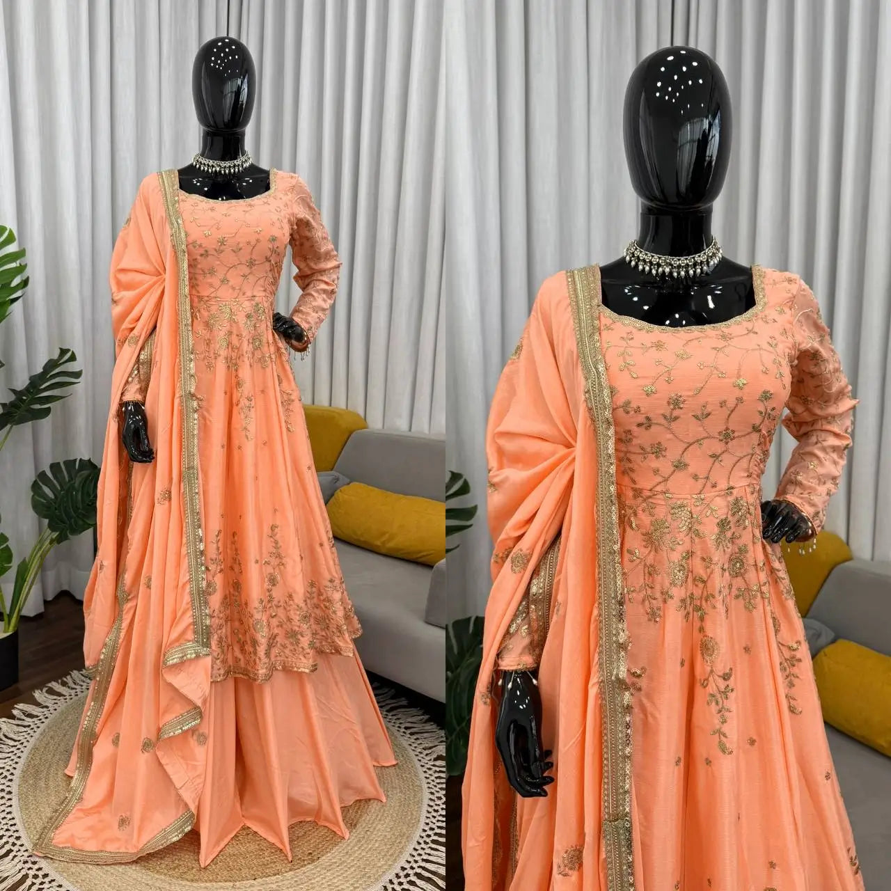 Chinon Silk Embroidered Gown Lehenga Set