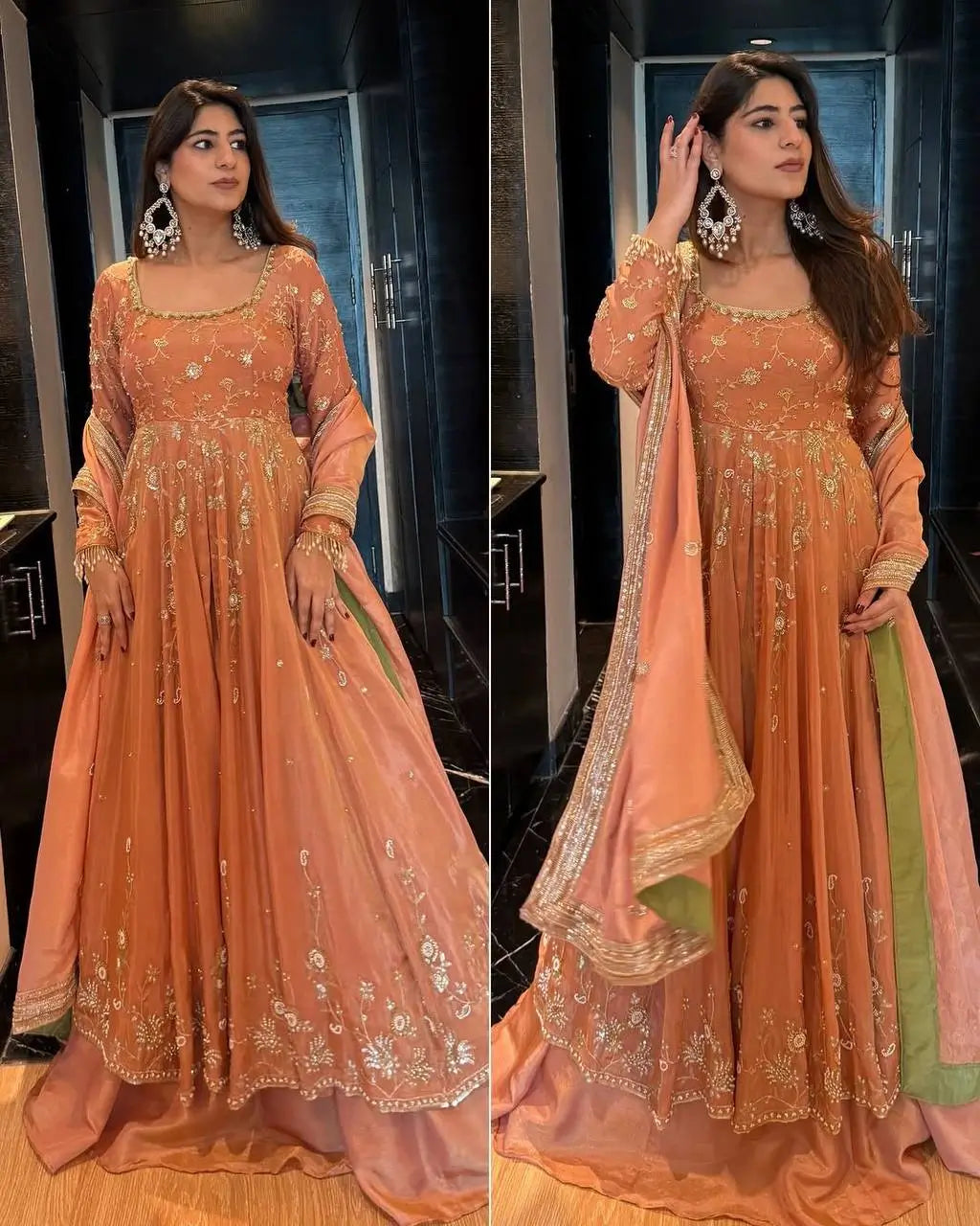 Chinon Silk Embroidered Gown Lehenga Set