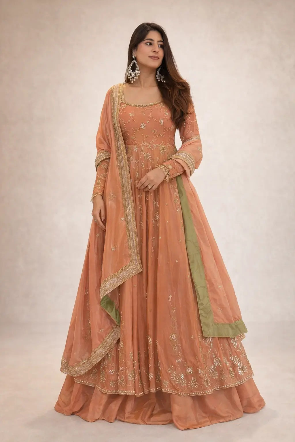Chinon Silk Embroidered Gown Lehenga Set