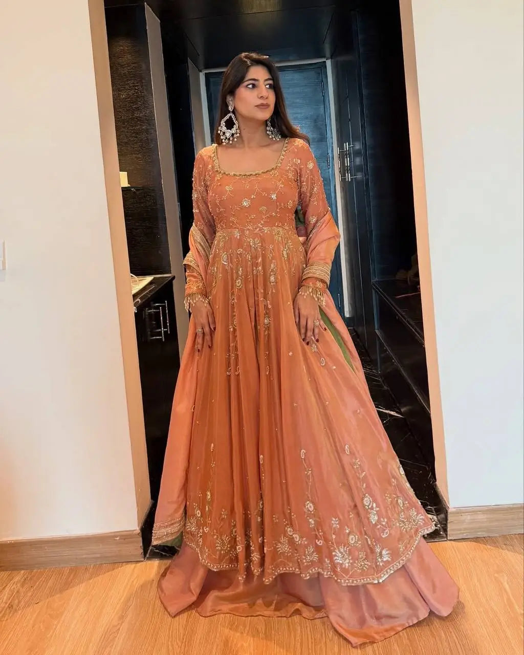 Chinon Silk Embroidered Gown Lehenga Set