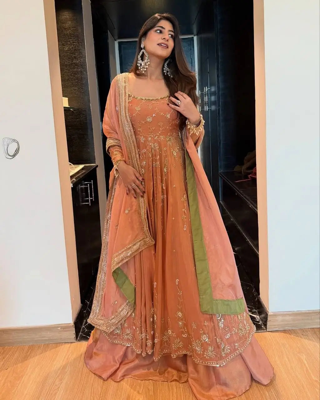 Chinon Silk Embroidered Gown Lehenga Set